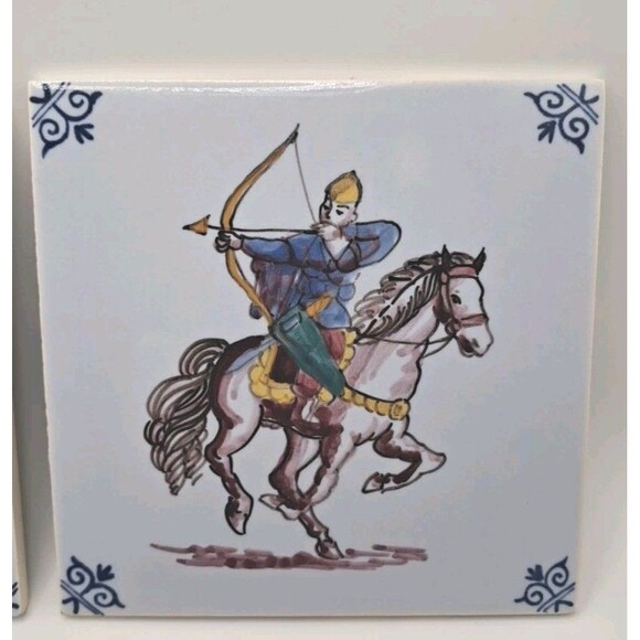 Westraven Delft Tile Pair Anno 1661 Hand Painted Medieval Archer & Castle Scenes - Picture 2 of 7